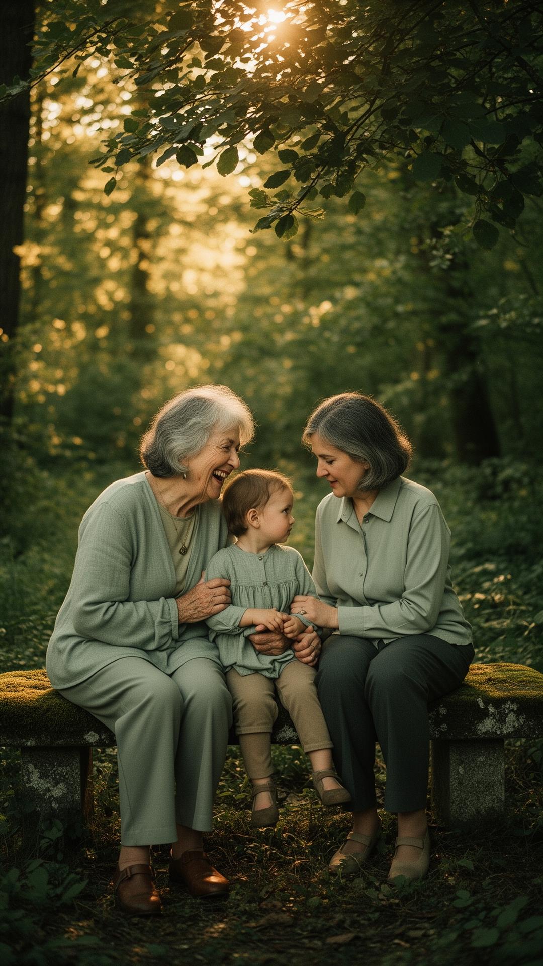 Three generations of a family talking together on a moss-covered bench in a forest